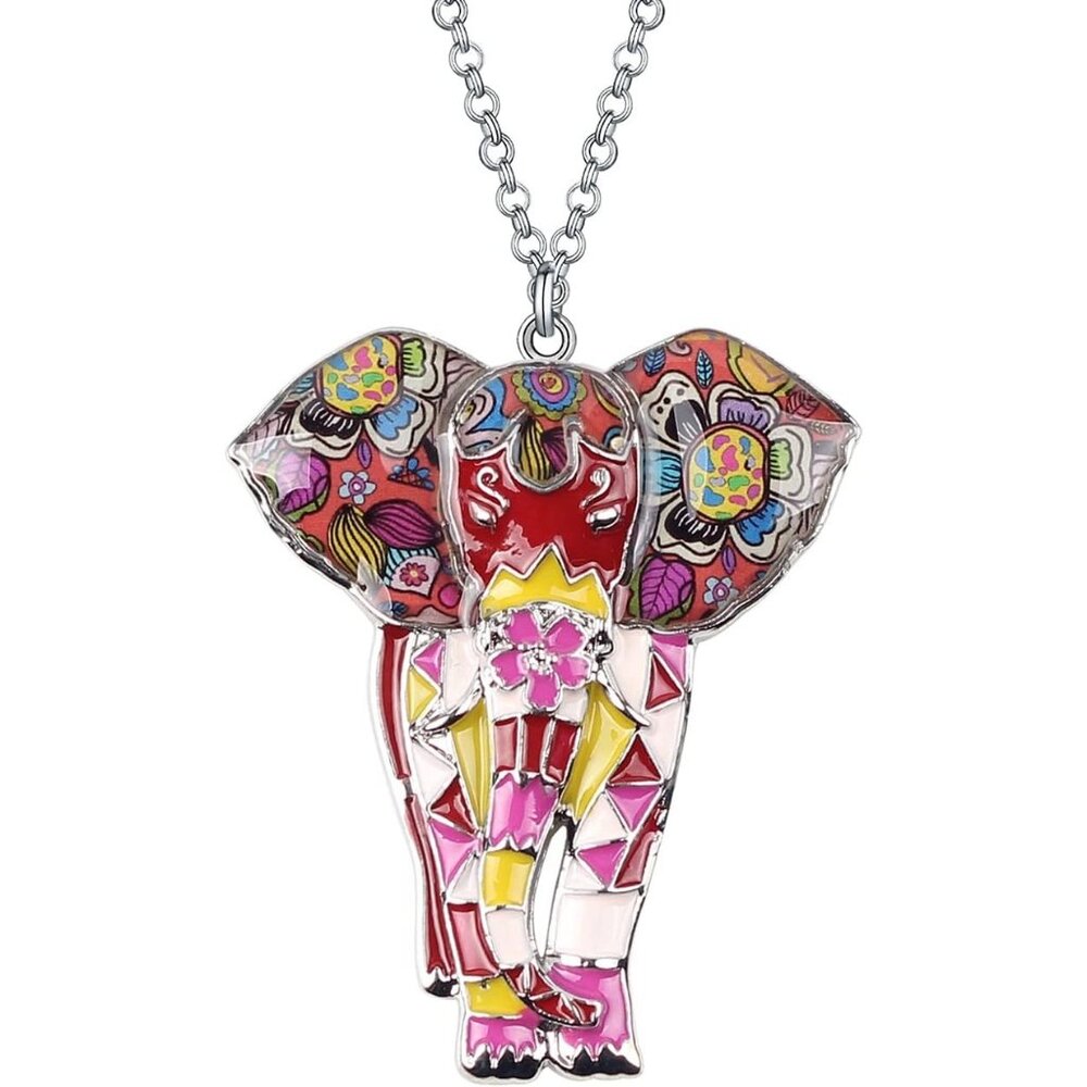 Women's Red Jungle Safari Wild Enamel Pendant Lightweight Elephant Necklace